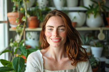 Portrait of smiling red-haired woman with plants indoors and caring for home greenery