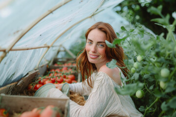 A red-haired woman harvests tomatoes in a greenhouse 