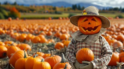 Funny scarecrow figure with a carved pumpkin head with smile stands amidst a field of vibrant orange pumpkins