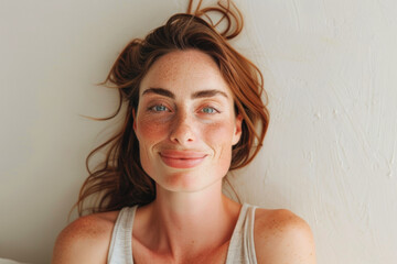Obraz premium Confident redhead woman over 35 with freckles in natural look, smiling in green sports top against beige background