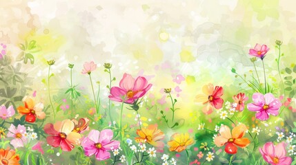 Colorful summer flowers frame outline water color copy space
