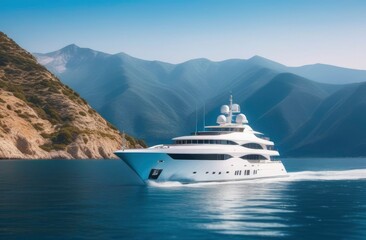 White yacht in the sea against the backdrop of mountains and forest on a sunny day.