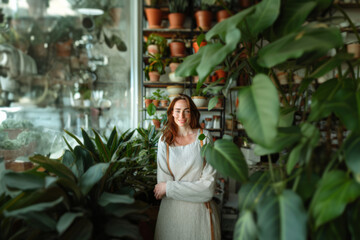Self-care and harmony: redheaded woman over 35 creates an eco-friendly corner with houseplants on her balcony