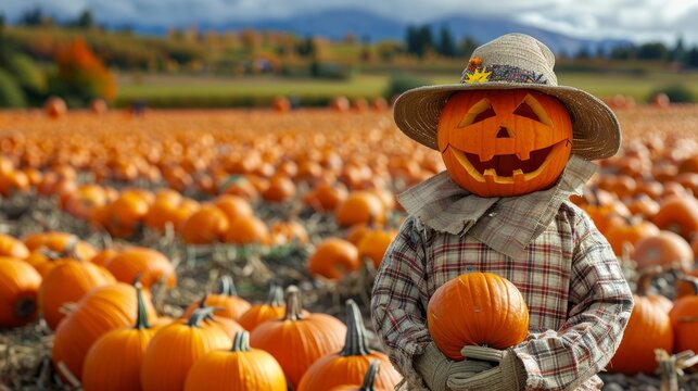 Funny scarecrow figure with a carved pumpkin head with smile stands amidst a field of vibrant orange pumpkins