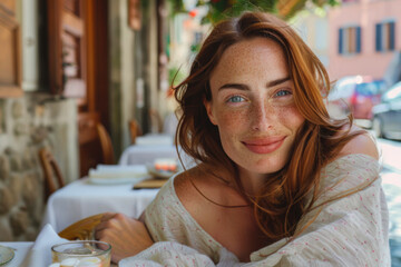 Redheaded woman over 35 with freckles enjoying local flavors at a cozy European cafe