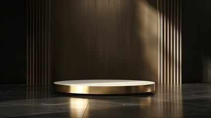 Empty space luxury gold podium for product display on dark background