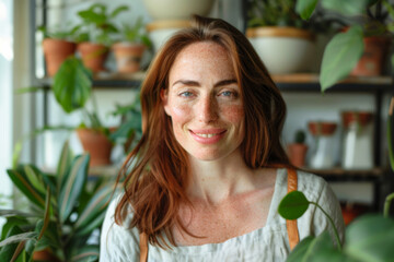 Self-care and harmony: redheaded woman over 35 creates an eco-friendly corner with houseplants on her balcony