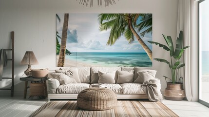 Ocean with palms picture on wall with sofa home interior design