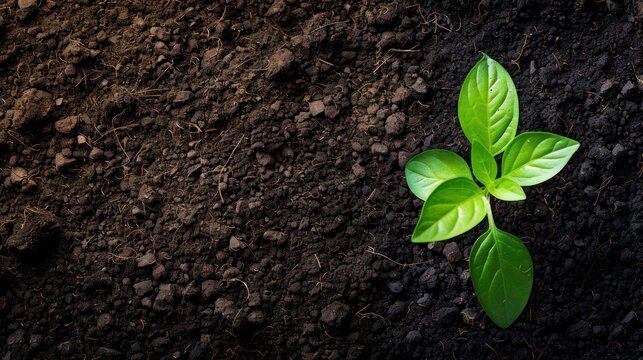 Young green sprout growing from the ground top view copy space