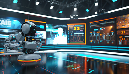 Artificial Intelligence Talk Show Studio: A high-tech set with AI-themed decor, such as robots, computer screens, and a backdrop featuring futuristic technology.