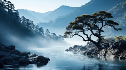 A single tree stands tall in the center of a serene lake