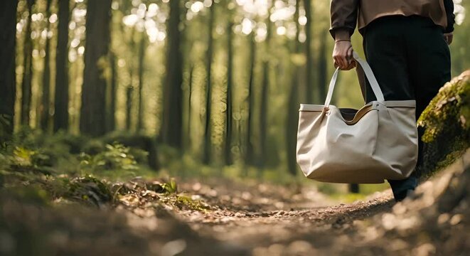 Man with a cloth tote -bag in the forest.
