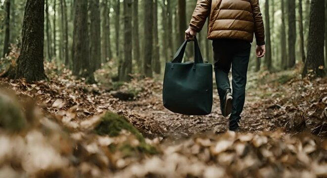 Man with a cloth tote -bag in the forest.