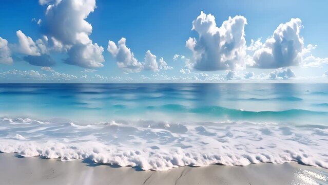 Beach blue sky seascape ocean horizon island. Scene cloudscape wave sea splashing sandy sunny. Landscape summer beach sea space area. surface closeup shore. Tropical beach,white sand and blue ocean 4k