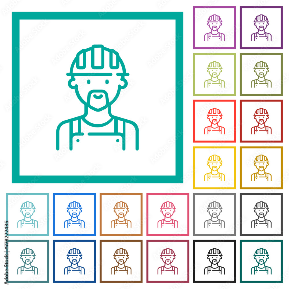 Poster worker avatar outline flat color icons with quadrant frames