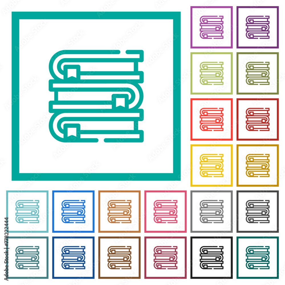 Poster stack of books outline flat color icons with quadrant frames