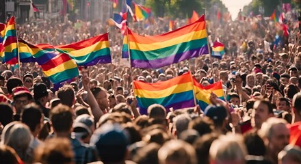 People with rainbow flags at a pride demonstration. - Powered by Adobe