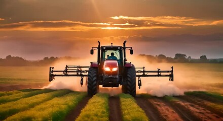 Tratcores watering a crop field.
