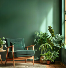 Template of green eco living room with mid-century armchair and plants. Interior mockup with clean walls for pictures, posters, paintings, sculptures, and other wall art.