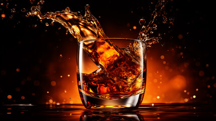 A dynamic stock photo featuring a pour of whiskey into a glass. Amber liquid splashes from glass, mesmerizing cascade, vibrant hue, dynamic movement against warm glowing background.