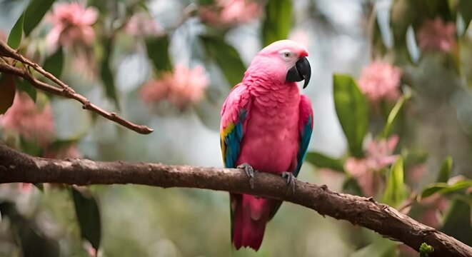 Pink parrot on a tree branch.