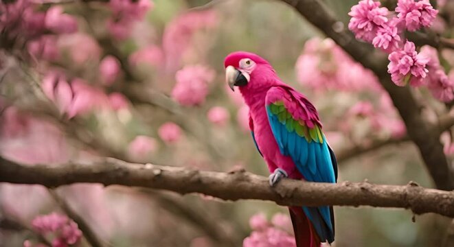 Pink parrot on a tree branch.