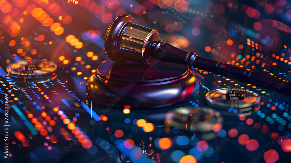 Poster a gavel and digital coins on top of an ai technology background with data points