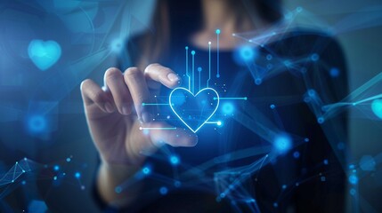 Businesswoman use forefinger touching heart button on virtual screens, internet technology, artificial intelligence and networking concept, blue sci fi tone - obrazy, fototapety, plakaty