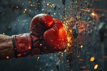 Boxing gloves fist punching and tearing a hole in a steel barrier, sparks flying, metaphor for overcoming obstacles, tight shot. - obrazy, fototapety, plakaty