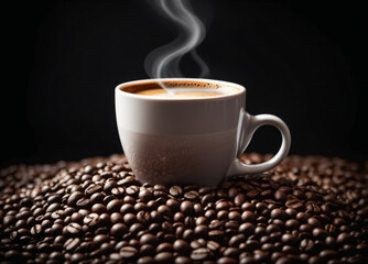 a cup of coffee stands on a pile of coffee beans, a light, small steam emanates from the mug, a dark mysterious background