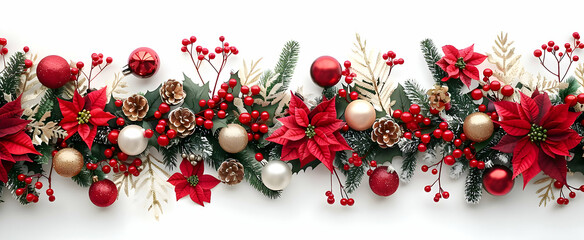 Christmas Garland Border with Red, Gold, and White Decorations