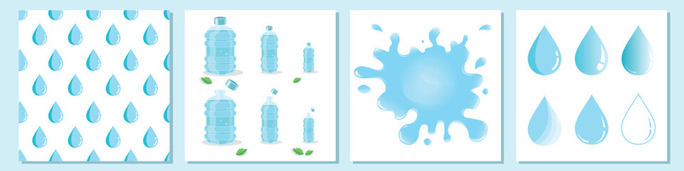 Fototapeta premium Big set of water design elements. Water containers with different sizes. Water Splash water ripples and drops design elements Clean Fresh Beverage Nature Beverage full of minerals Drink.