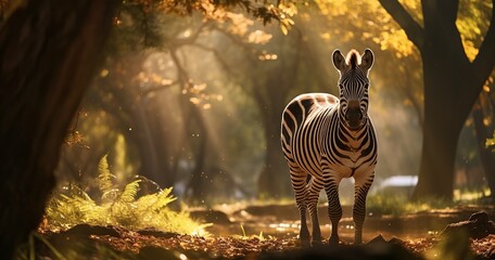 Visualize a zebra sprinting through an autumnal forest with the sunlight filtering through the...