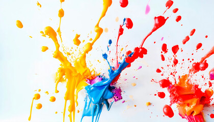 Vivid paint splashes in red, yellow, and blue on white, suitable for dynamic artistic concepts and...