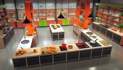 Cooking Competition Arena: A competitive cooking set with multiple cooking stations, pantry shelves, and judges' table for cooking competitions