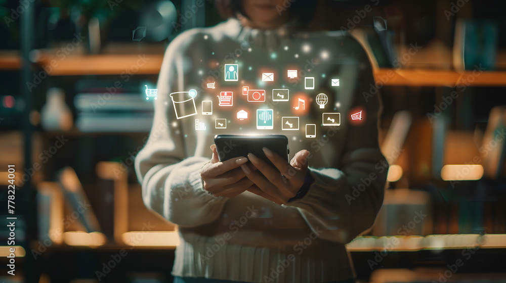 Poster a person holding an ai-powered mobile device with icons of various digital marketing tools and produ