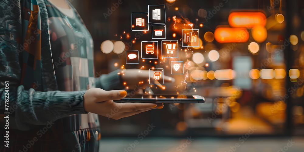 Poster a person holding an ai-powered mobile device with icons of various digital marketing tools and produ