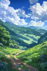 Naklejka premium A Painting of a Green Valley With a Dirt Road