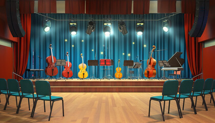 Musical Talent Stage: A talent show stage set with musical instruments, audition booths, and audience seating for talent competitions