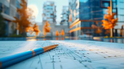a pen and blueprint on the street in front of modern buildings