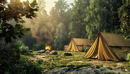 Wilderness Survival Camp: A wilderness camp set with tents, campfire, and outdoor challenges for survival reality shows - obrazy, fototapety, plakaty