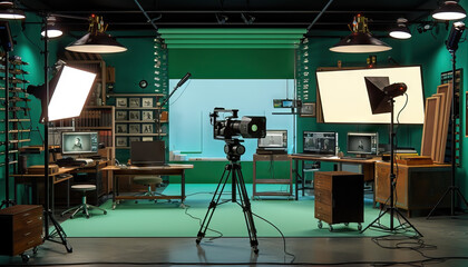 Documentary Filmmaking Studio: A studio set with editing suites, documentary props, and filming equipment for documentary series - obrazy, fototapety, plakaty