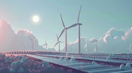 Fototapeta premium Renewable Energy Sources in Dynamic Landscape with Wind Turbines and Solar Panels