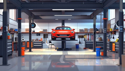 Automotive Workshop Garage: A garage set with car lifts, tools, and mechanic workstations for automotive shows. - obrazy, fototapety, plakaty