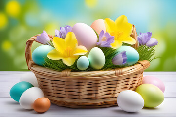 Easter basket filled with pastel color eggs