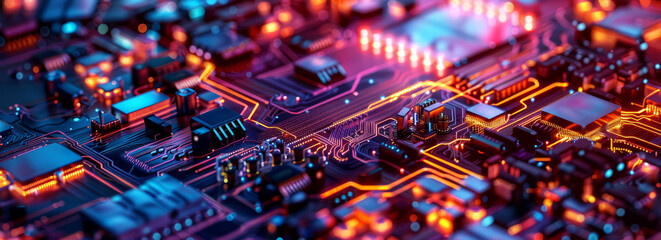 Futuristic circuit board with complex web of connections enhanced in 3D