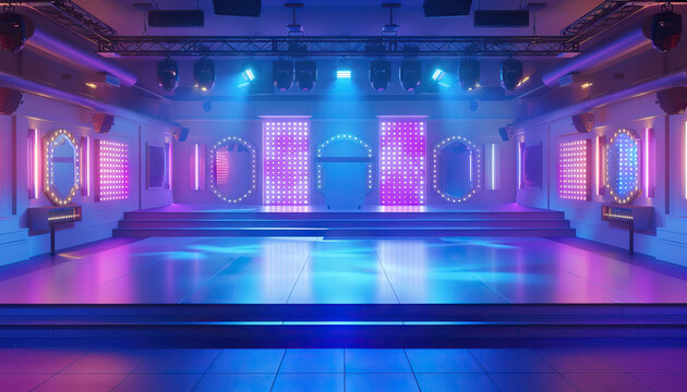 Dance Competition Stage: A dance stage set with dance floor, mirrors, and judges' panel for dance competition shows