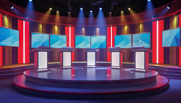 Game Show Boardroom: A boardroom-style set with conference table, screens, and contestant podiums for game show discussions