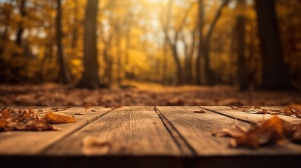 Wooden platform with a blurred autumn backdrop.
