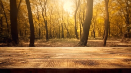 Naklejka na ściany i meble Wooden platform with a blurred autumn backdrop. 